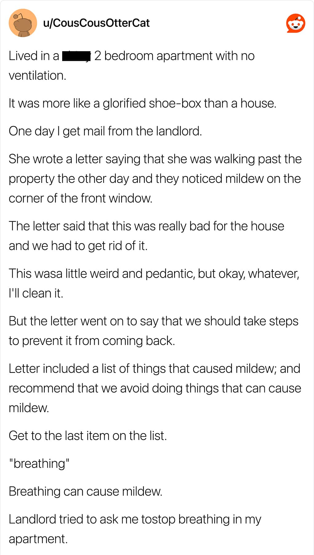 An image of a Reddit post about a landlord that listed breathing as a cause of mildew.
