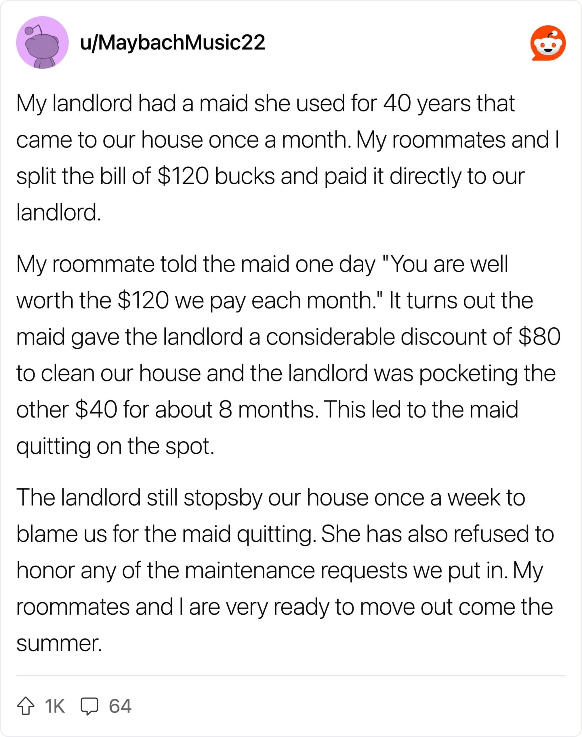 An image of a Reddit post about a landlord that overcharged tenants for a cleaning service.