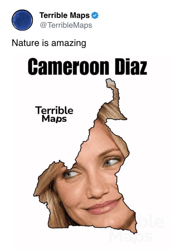 Meme map outlining country of Cameroon filled with actress Cameron Diaz face.