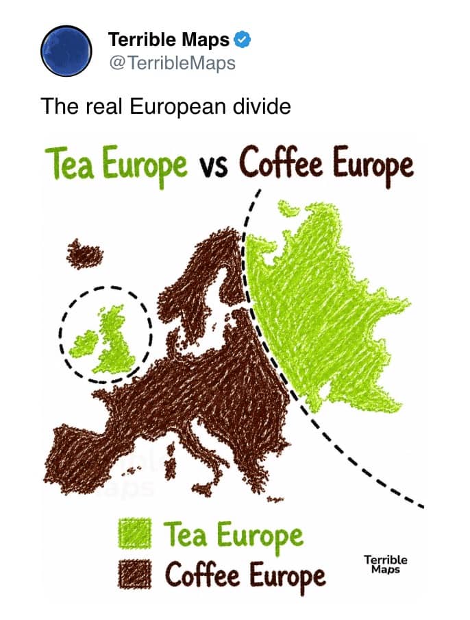 Scribbled crayon map dividing Europe into tea drinking eastern regions and coffee western parts.