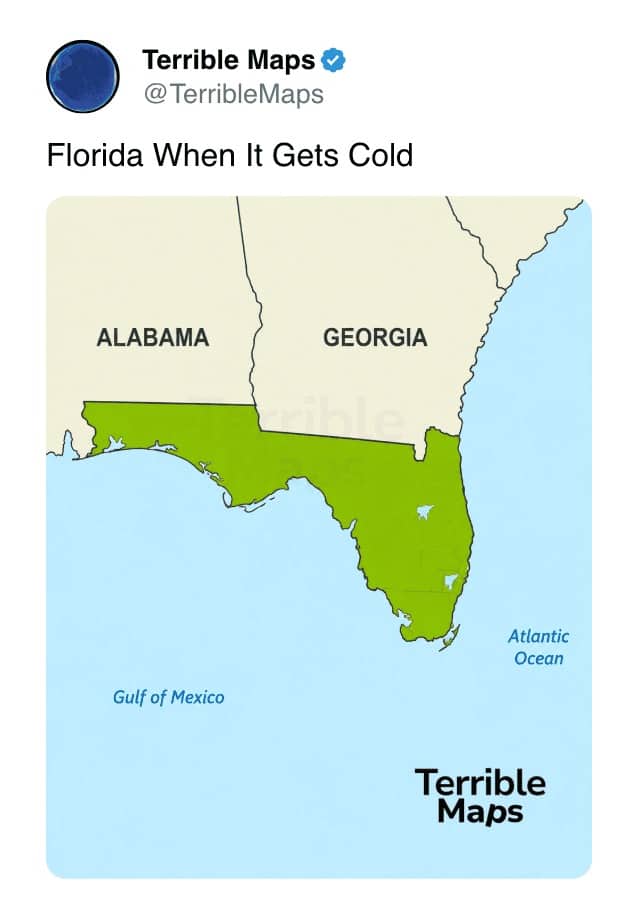 Map of United States showing Florida stretched out completely flat horizontally under Georgia.