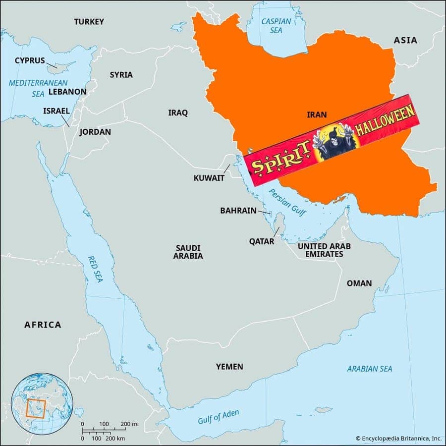 Middle East map showing a Spirit Halloween store banner covering the country of Iran.