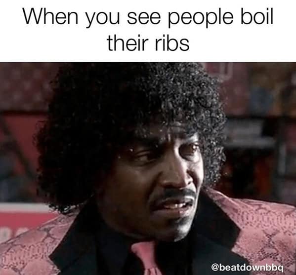 A disgusted culinary grilling meme from @beatdownbbq showing an expressive man with an afro and a snakeskin-patterned pink jacket recoiling in pure horror beneath the text caption, "When you see people boil their ribs."