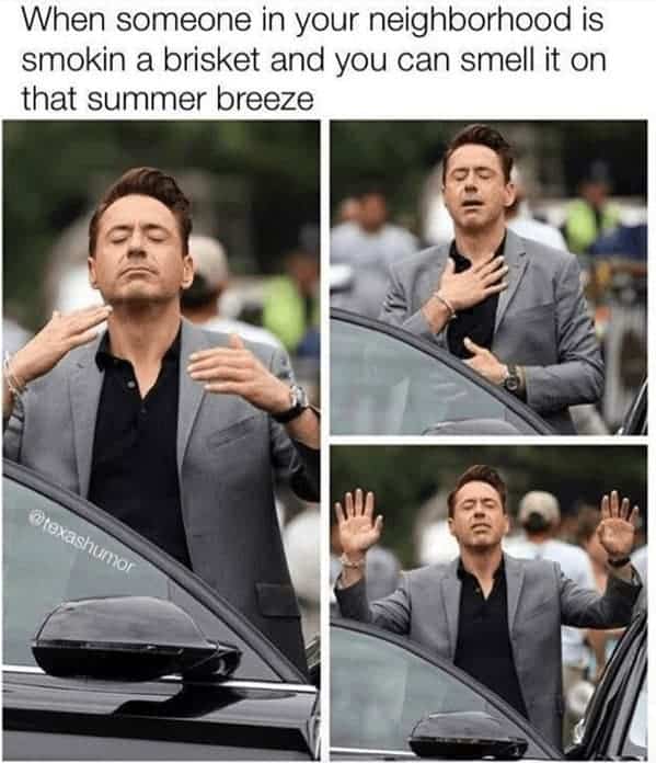 A neighborhood-themed bbq meme from @texashumor displaying three frames of an ecstatic, blissful Robert Downey Jr. clutching his chest to capture the pure relief of smelling a neighbor smoking a brisket on a summer breeze.