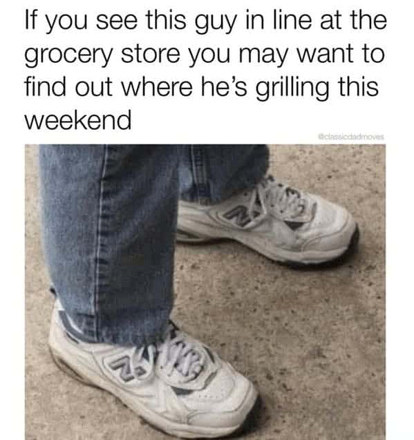 A dad-culture snippet functions as a viral grilling meme from @classicdadmoves, showing a close-up of a person's feet wearing the ultimate father uniform: chunky white New Balance sneakers and light-wash denim jeans.