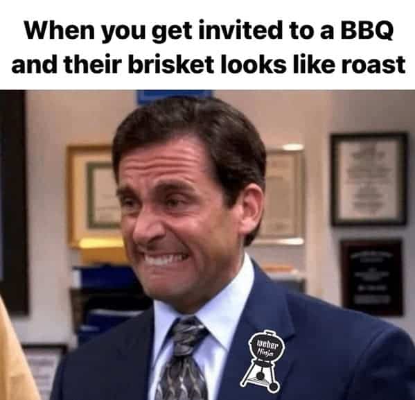 A classic television reaction frame functions as an awkward entry in this folder of grilling memes, showing Michael Scott from The Office making a painful, teeth-gritting cringe face because an expected slow-smoked brisket looks exactly like an ordinary Sunday pot roast.