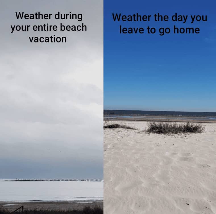 Split image showing gray clouds during vacation and a clear blue sky on departure day.
