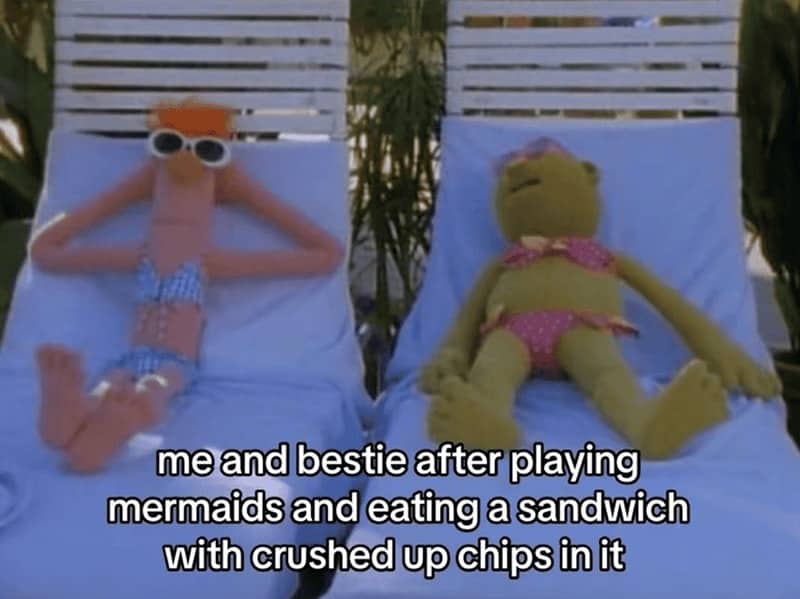 Beaker and Dr. Bunsen Honeydew in bikinis on lounge chairs after a long beach day.