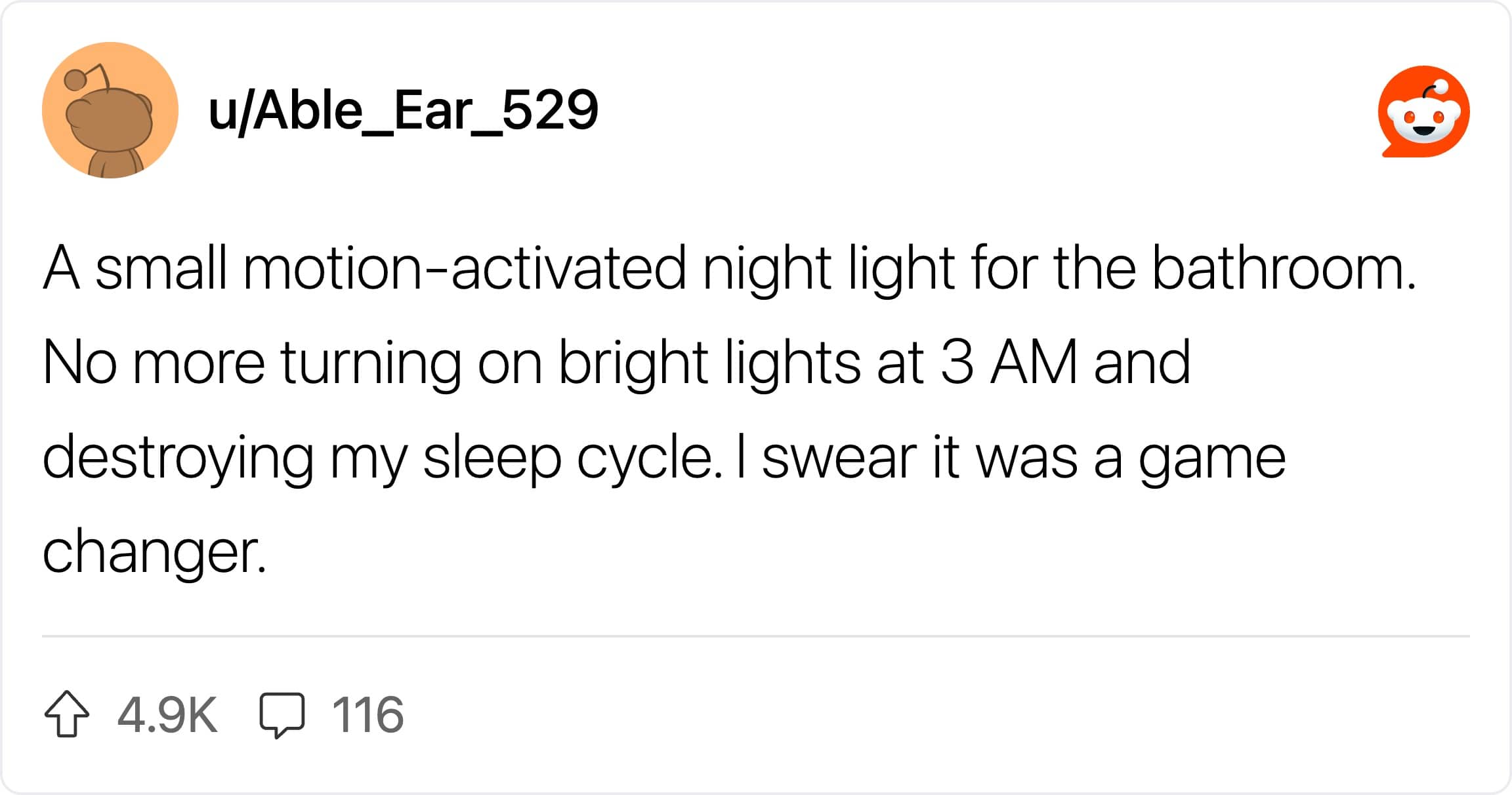 A Reddit post highlighting the sleep-saving benefits of a motion-activated bathroom night light.