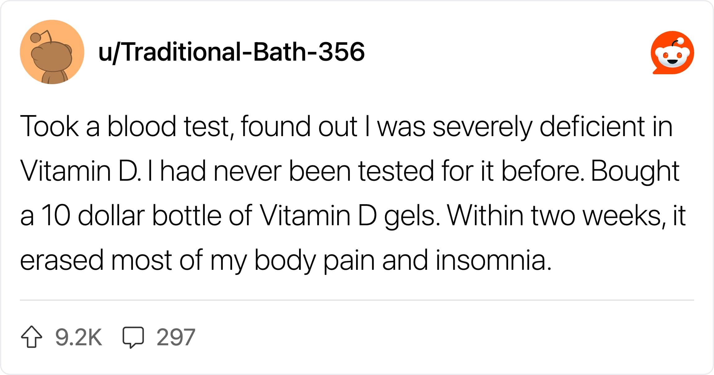 A text post explaining how a cheap bottle of Vitamin D gels cured insomnia and body pain.