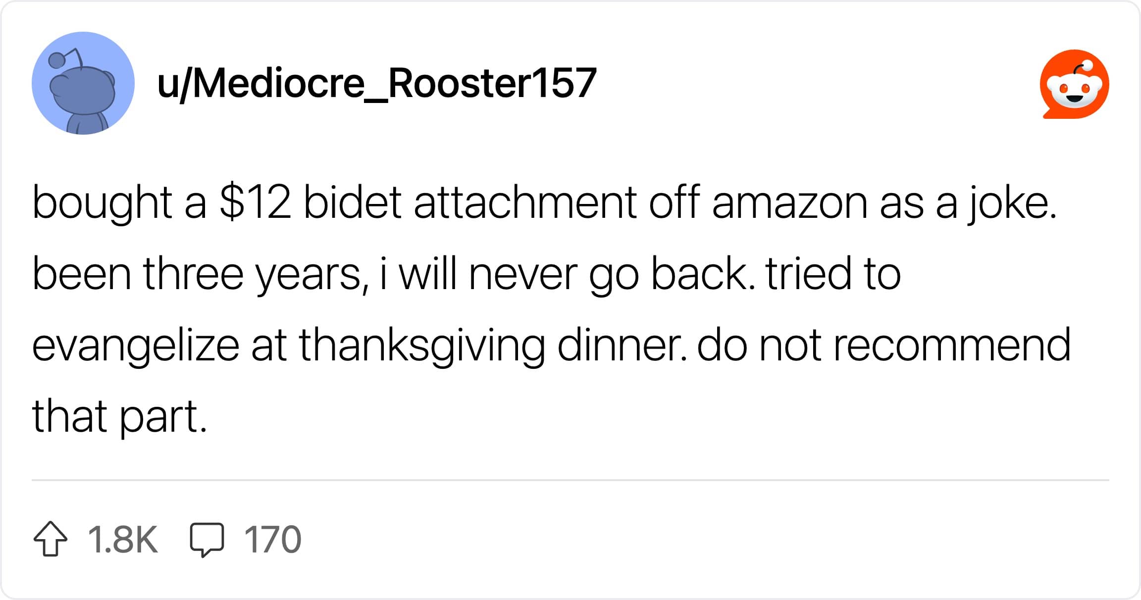 A user sharing how a joke purchase of a cheap bidet attachment became life-changing.