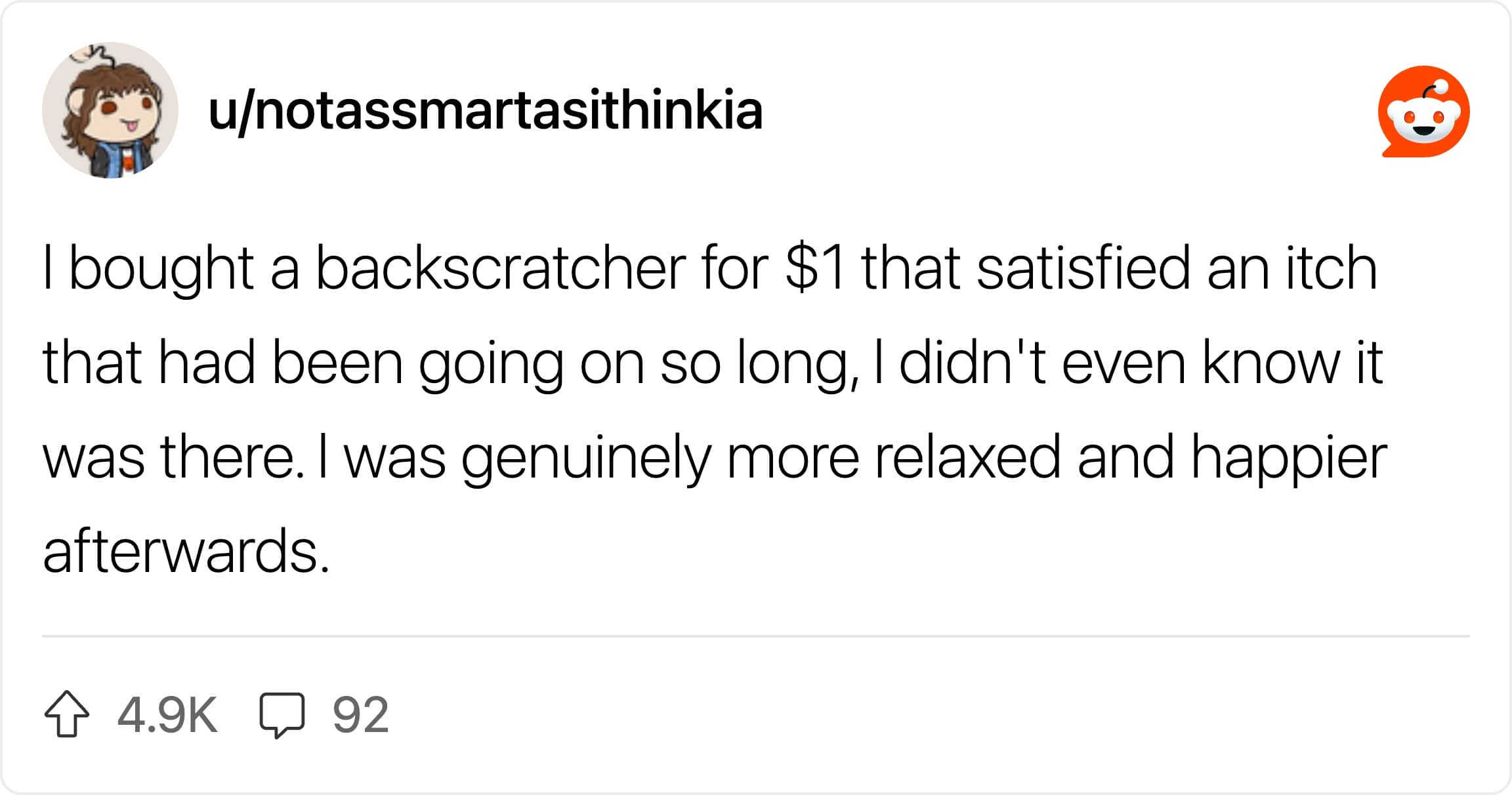 A Reddit post celebrating a one-dollar backscratcher that vastly improved the user's happiness.