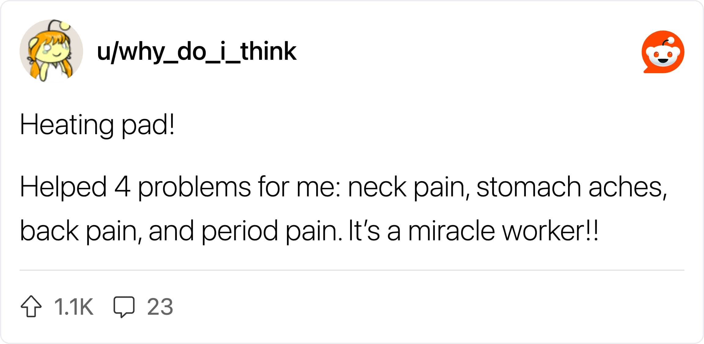A screenshot praising a heating pad as a miracle worker for multi-zone pain relief.