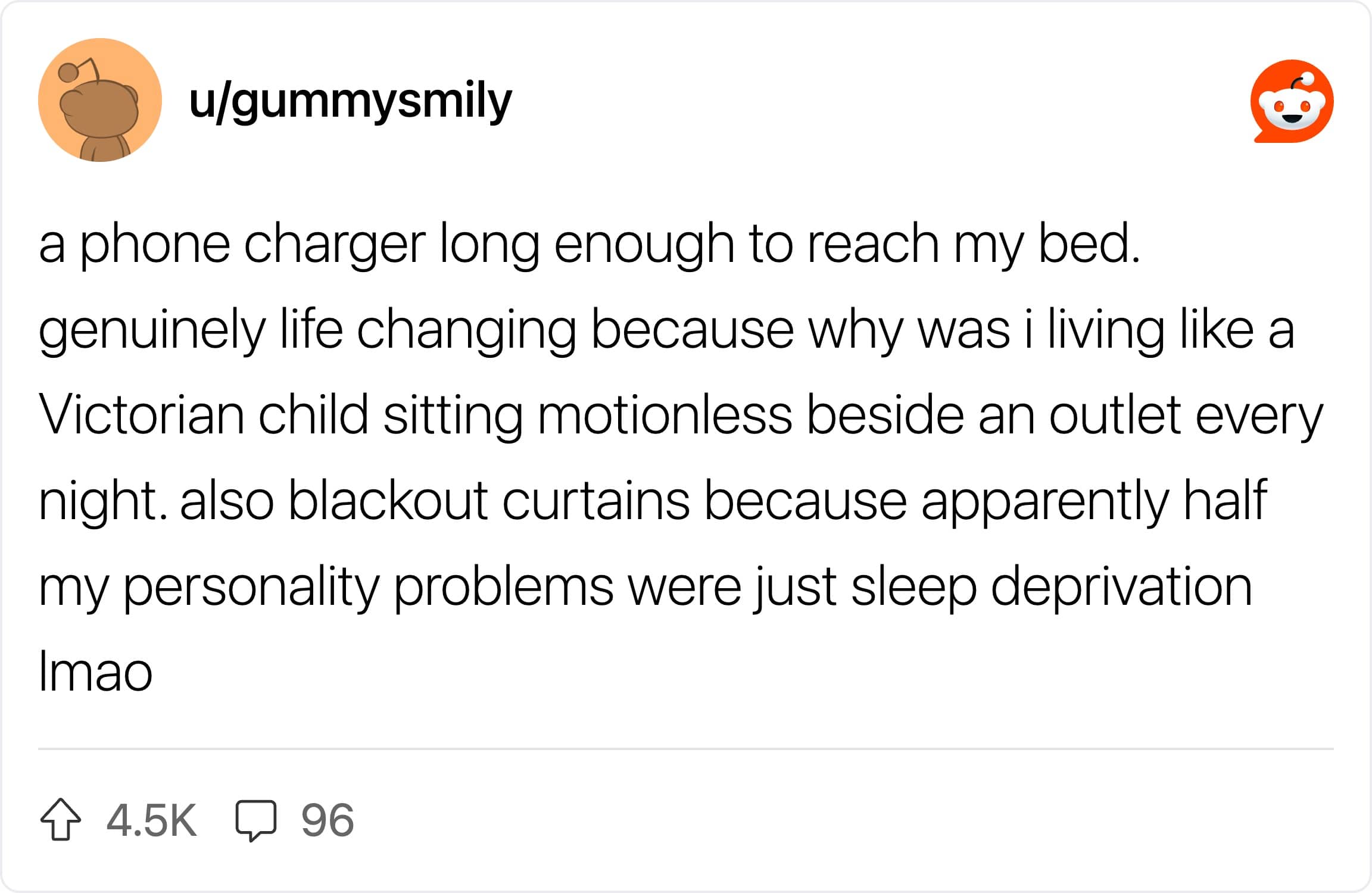 A text post detailing how a long phone charger and blackout curtains fixed personality problems.