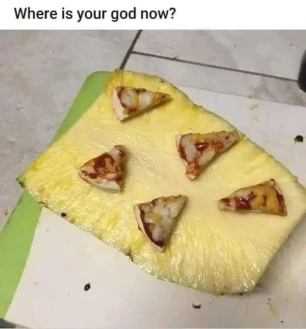 A provocative culinary creation serves as a funny blursed image, showcasing a thick square slab of raw pineapple acting as a pizza crust base topped with five miniature baked pizza slices.