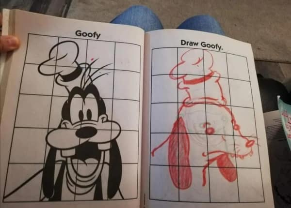 A children's grid-art activity book page contrasts an official line-art drawing of Disney's Goofy character against an unhinged, abstract red-marker drawing attempt on the adjacent page in a classic blursed image.