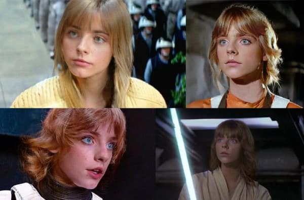 A four-panel character layout presents a gender-swapped, highly detailed feminine face transformation of Luke Skywalker from the classic Star Wars trilogy, creating a viral blursed image.