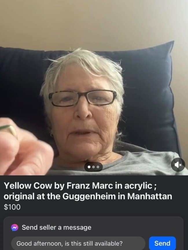 Facebook Marketplace listing for "Yellow Cow by Franz Marc in acrylic," priced at $100. Instead of the artwork, the featured photo is a close-up, slightly low-angle selfie of an older woman with short grey hair and glasses, looking directly into the camera.