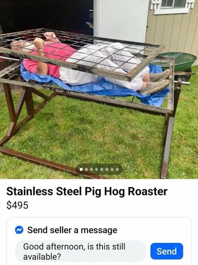 A Marketplace listing for a "Stainless Steel Pig Hog Roaster" for $495. To demonstrate the size or functionality, an older man in a pink shirt and white pants is pictured lying flat inside the metal roasting rack on a lawn.