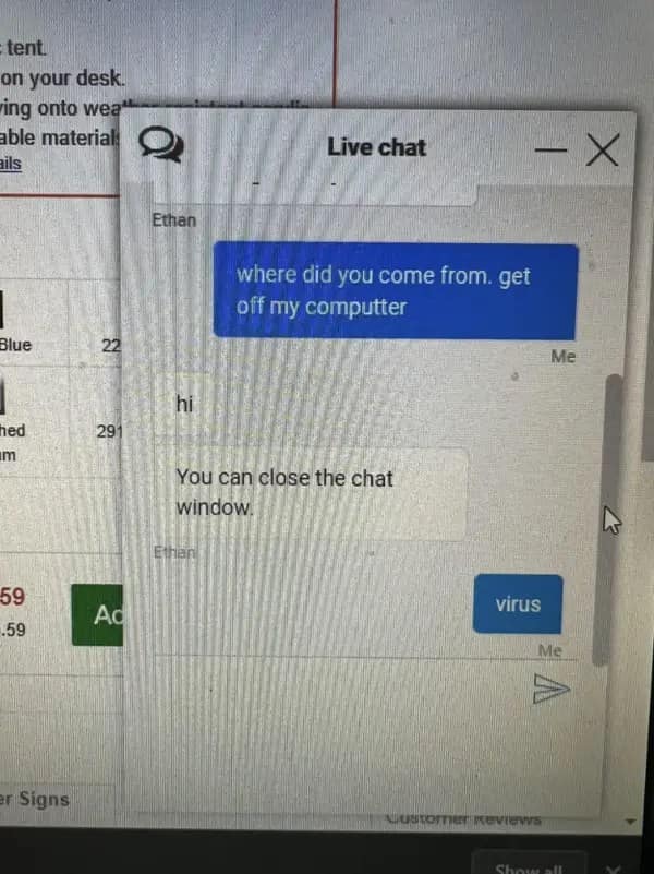 photo of a physical computer screen showing a "Live chat" window. The user has typed, "where did you come from. get off my computter". The support agent, Ethan, replies, "You can close the chat window." The user's final response is just the word "virus".