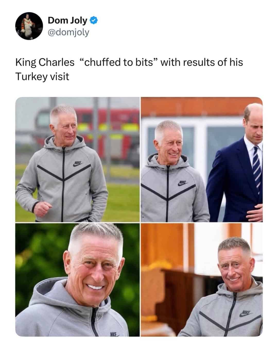 A surreal british meme collage showing King Charles III photoshopped into a Nike Tech Fleece tracksuit with a sharp hair fade and glowing white "Turkey teeth" after a supposed visit to Turkey.