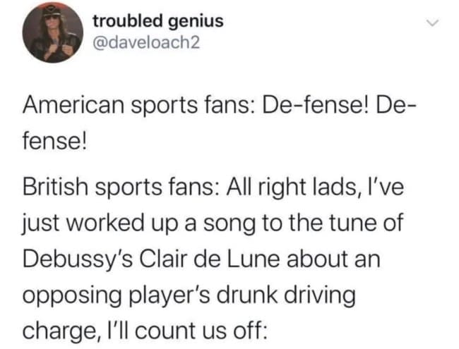 A social media post contrasting American sports fan cheers with creative, detailed British sports songs.