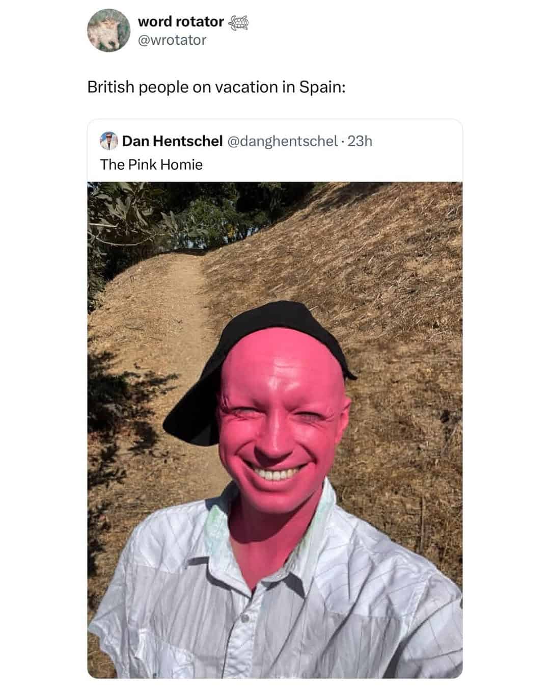 A viral british meme featuring "The Pink Homie," a man with a neon-pink sunburn smiling in a sideways cap, used to represent the standard British experience of vacationing in Spain.