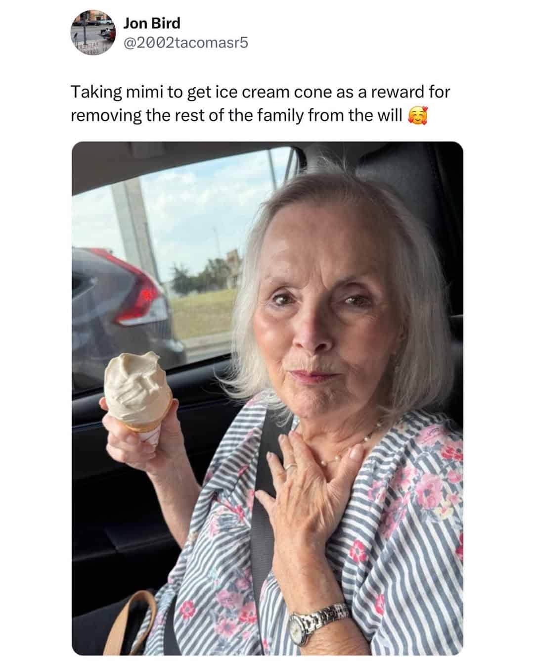 A darkly comedic british meme showing an elderly woman named "Mimi" happily holding an ice cream cone, with a caption claiming it's a reward for cutting the family out of her will.