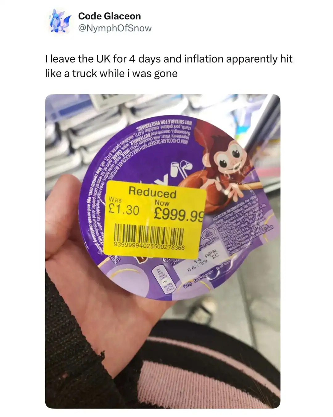 funny british tweet screenshot showing a yellow supermarket "Reduced" sticker on a chocolate pot where the price has "dropped" from £1.30 to a staggering £999.99.