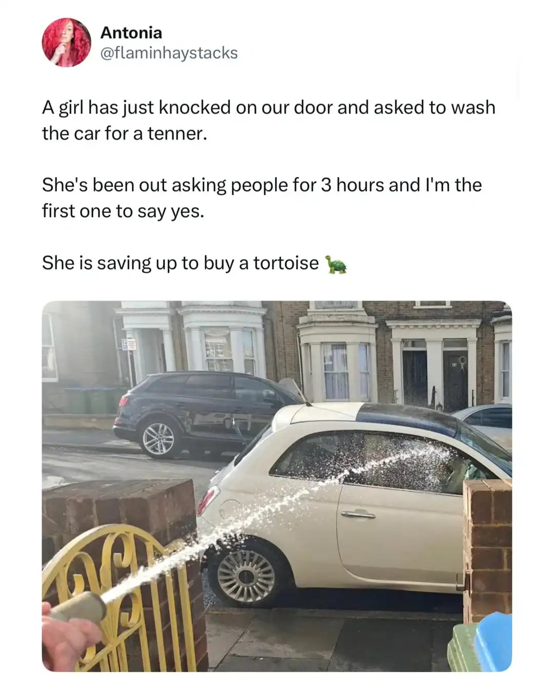 A heartwarming british meme post about a young girl who spent three hours knocking on doors to wash cars for a "tenner" (£10) to save up for a tortoise, featuring a photo of her spraying down a white car.
