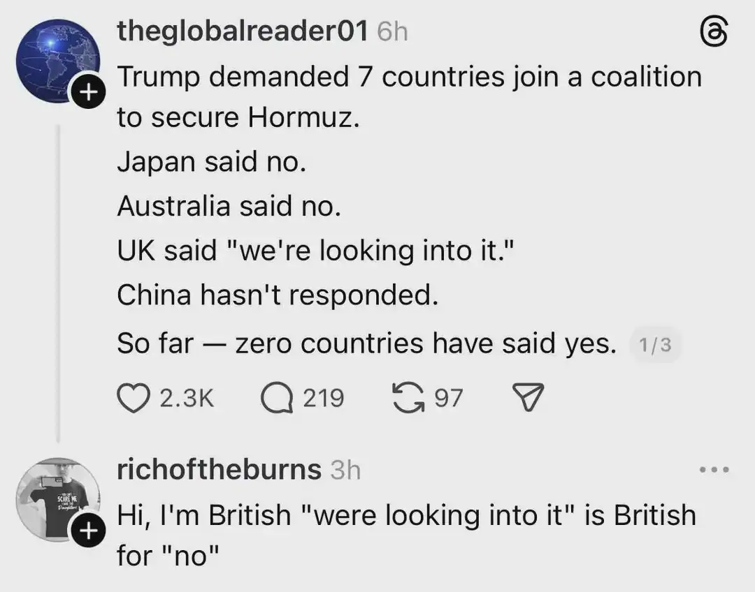 A text-based british meme explaining the subtleties of UK diplomacy, noting that when the UK tells a coalition they are "looking into it," that is actually British code for a definitive "no."