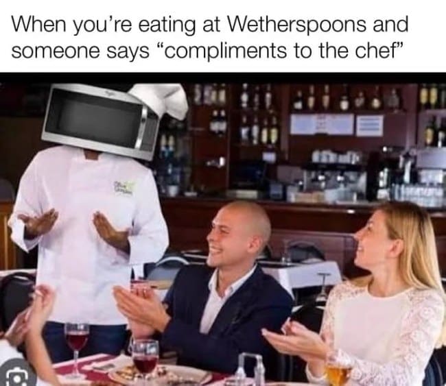 A meme with text and a picture of a microwave on a chef's body.