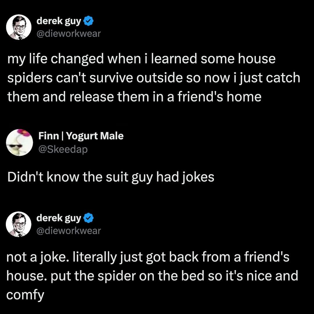 A Twitter exchange where 'derek guy' claims to "save" house spiders by catching them and releasing them onto his friends' beds in a chaotic and legendary bug meme.