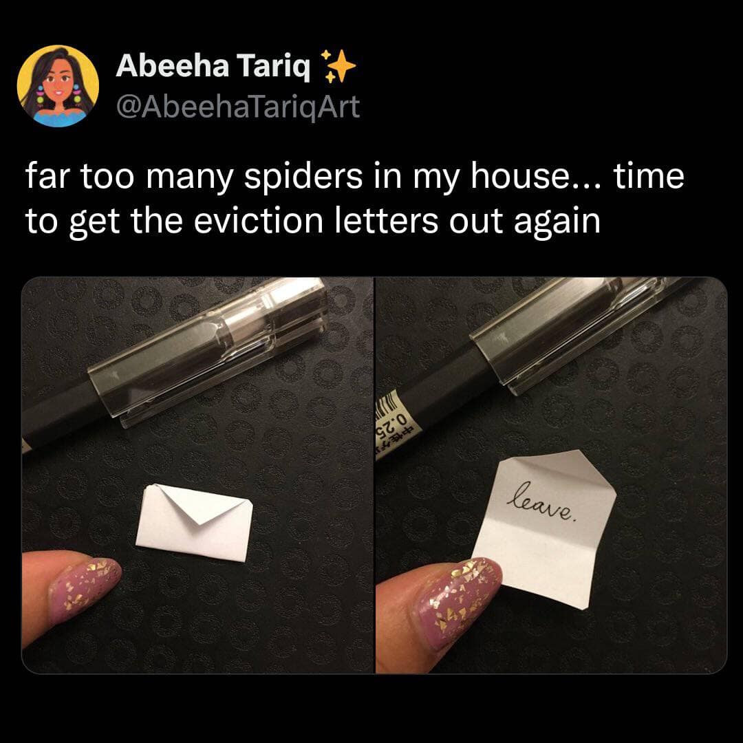 A creative social media post showing tiny handmade envelopes containing the word leave as eviction notices for spiders, a whimsical and funny insect meme.