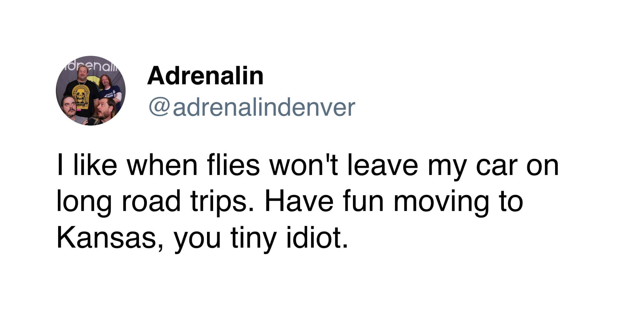 A spiteful tweet from 'Adrenalin' mocking a fly that won't leave a car during a road trip to Kansas, representing a vengeful niche of the bug meme world.