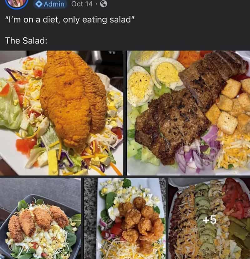 A humorous collage showing massive portions of fried fish and steak on top of lettuce as a classic caesar salad meme about failed dieting.