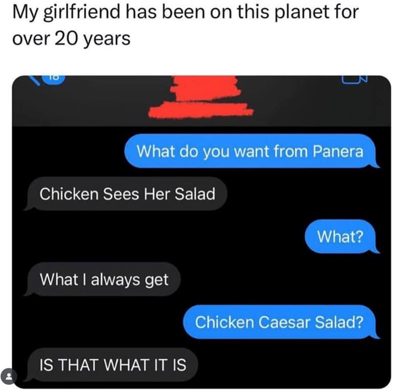 A text message fail where a user asks for a Chicken Sees Her Salad instead of the classic caesar salad meme.