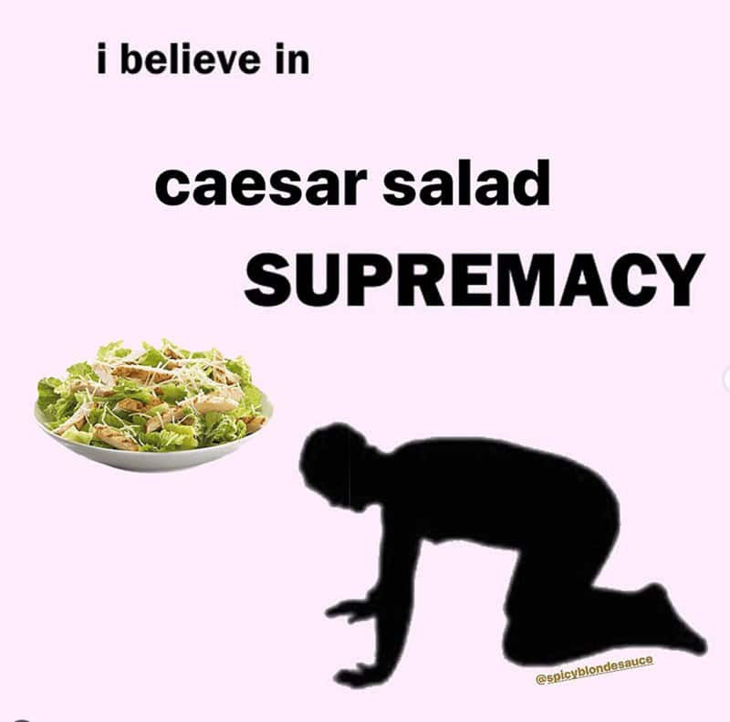 A silhouette of a person prostrating before a bowl of lettuce and dressing to illustrate the concept of caesar salad meme supremacy.