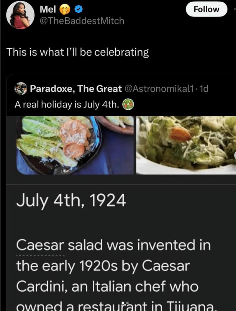 A history post explains that the caesar salad meme origin traces back to Caesar Cardini in Tijuana on July 4th, 1924.