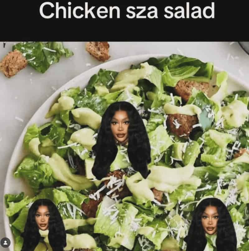 A pun-based caesar salad meme features the singer SZA edited into a bowl of greens with the text Chicken SZA salad.
