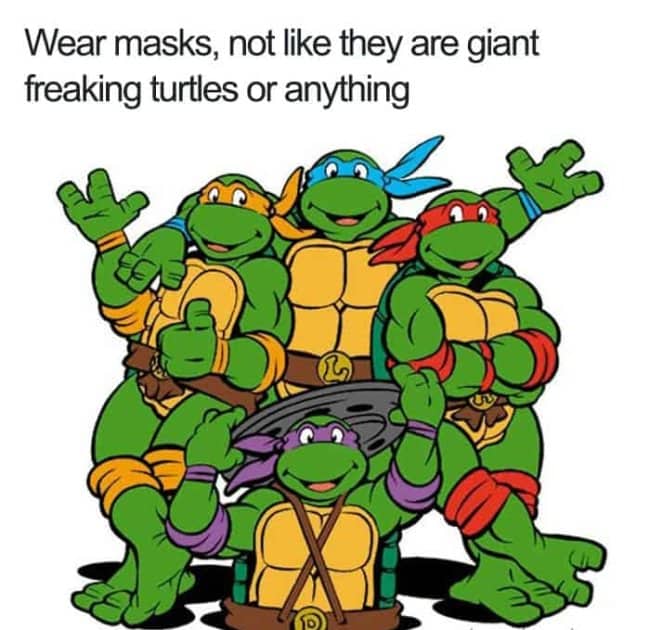 An illustration of the Teenage Mutant Ninja Turtles in a group pose with the text above reading: "Wear masks, not like they are giant freaking turtles or anything".