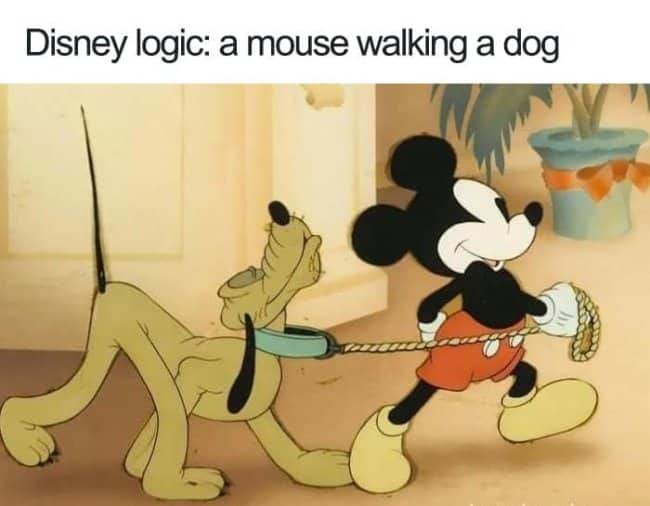 An old cartoon image showing Mickey Mouse, wearing his classic red shorts and yellow shoes, happily walking his dog, Pluto, on a rope leash. Text at the top: "Disney logic: a mouse walking a dog".