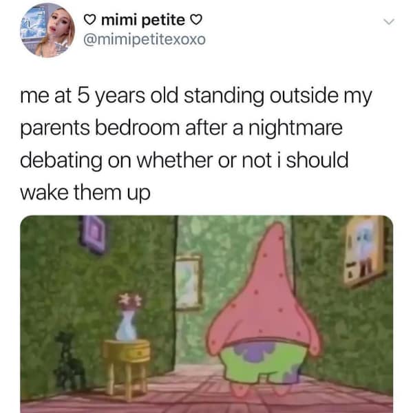The cartoon character Patrick Star from SpongeBob SquarePants stands hesitatingly in a dark hallway in a highly relatable childhood meme about deciding whether to wake up your parents after having a nightmare.