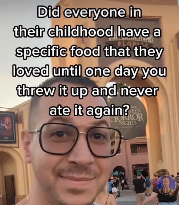 A first-person perspective snapshot outside the Universal Studios Florida entrance archway frames a text-based childhood meme asking if everyone has one specific food item they permanently ruined after vomiting once.