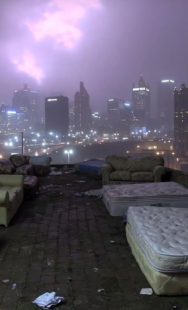A gritty, atmospheric chill spot for dudes on a rainy city rooftop, featuring waterlogged couches and mattresses scattered under a purple, lightning-lit sky.
