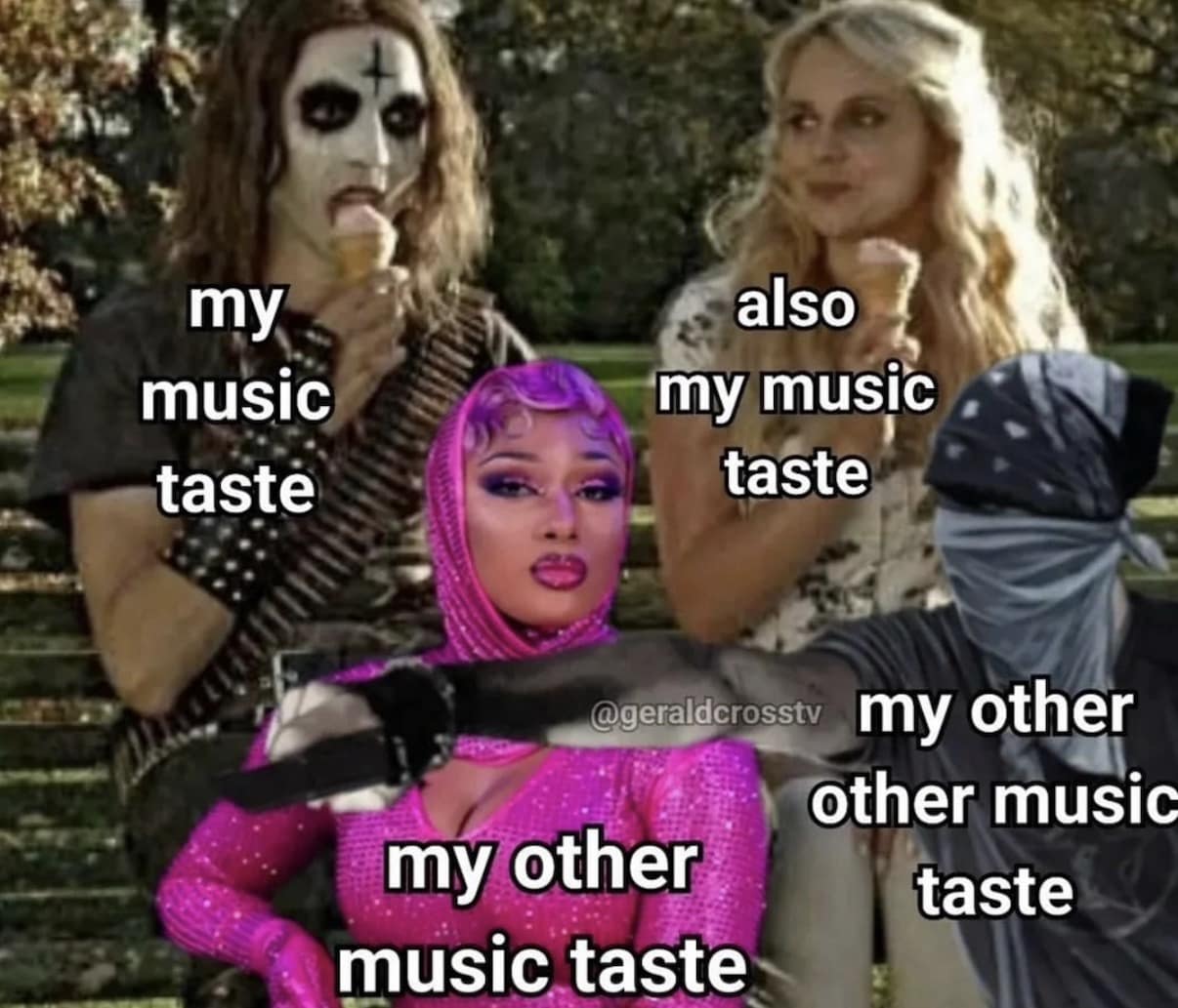 classic meme collage depicting the chaotic variety of a single person's music library. It features a black metal fan in full corpsepaint eating an ice cream cone, Megan Thee Stallion in a vibrant pink outfit, and a masked figure, all labeled as different segments of "my music taste."