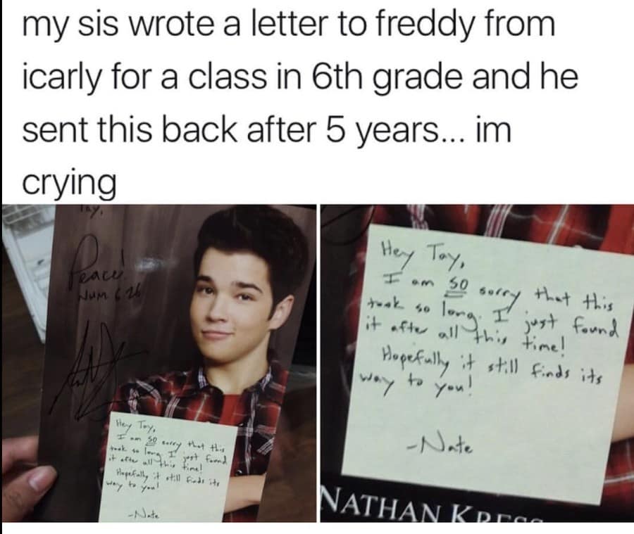 heartwarming classic meme showing a signed headshot of iCarly actor Nathan Kress. Attached is a sticky note apologizing for a five-year delay in responding to a fan letter originally sent by a sixth-grade student.
