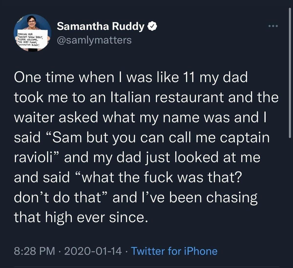 Comedian Samantha Ruddy's viral Twitter anecdote details an embarrassing childhood interaction where she introduced herself to an Italian restaurant waiter as "Captain Ravioli," creating a brilliant text-based classic meme.