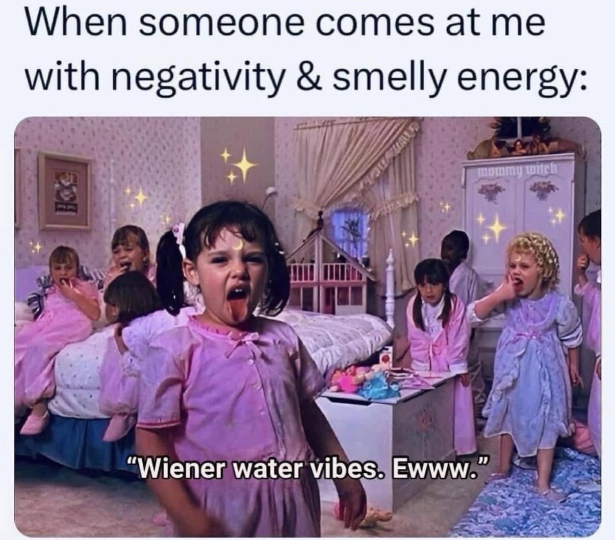 A pajama party scene from The Little Rascals movie is transformed into a classic meme about deflecting toxic people, featuring a young girl sticking her tongue out alongside the text "Wiener water vibes. Ewww."