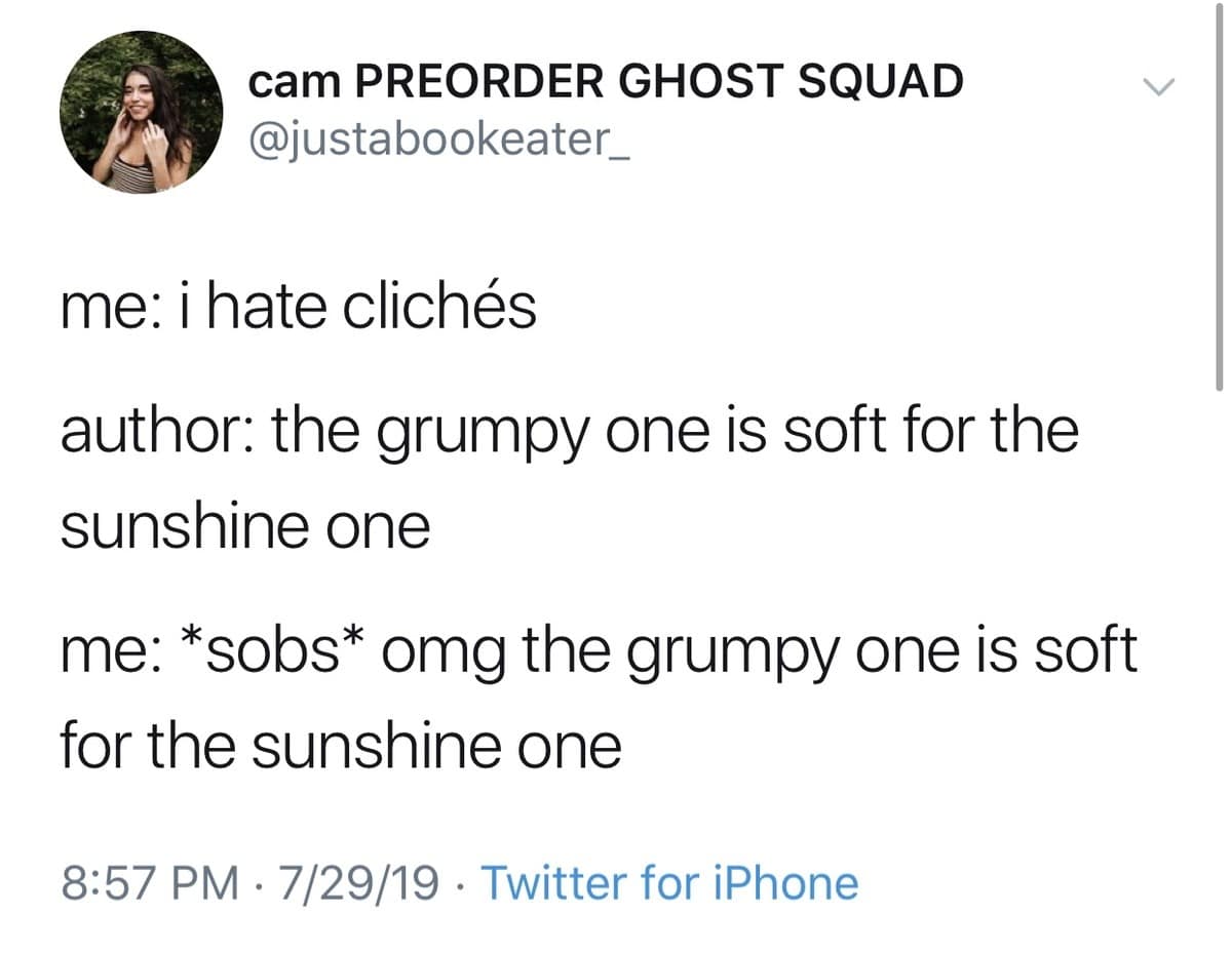 A text-based Twitter screenshot by user cam outlines a hypocritical turnaround on literary tropes, sobbing over the "grumpy character goes soft for the sunshine character" cliché in a relatable classic meme.